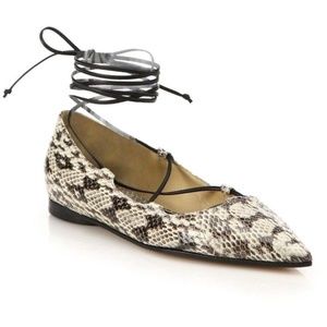 New! MICHAEL KORS Runway Collection Snakeskin/Leather Ankle-Wrap Flats, Size 40